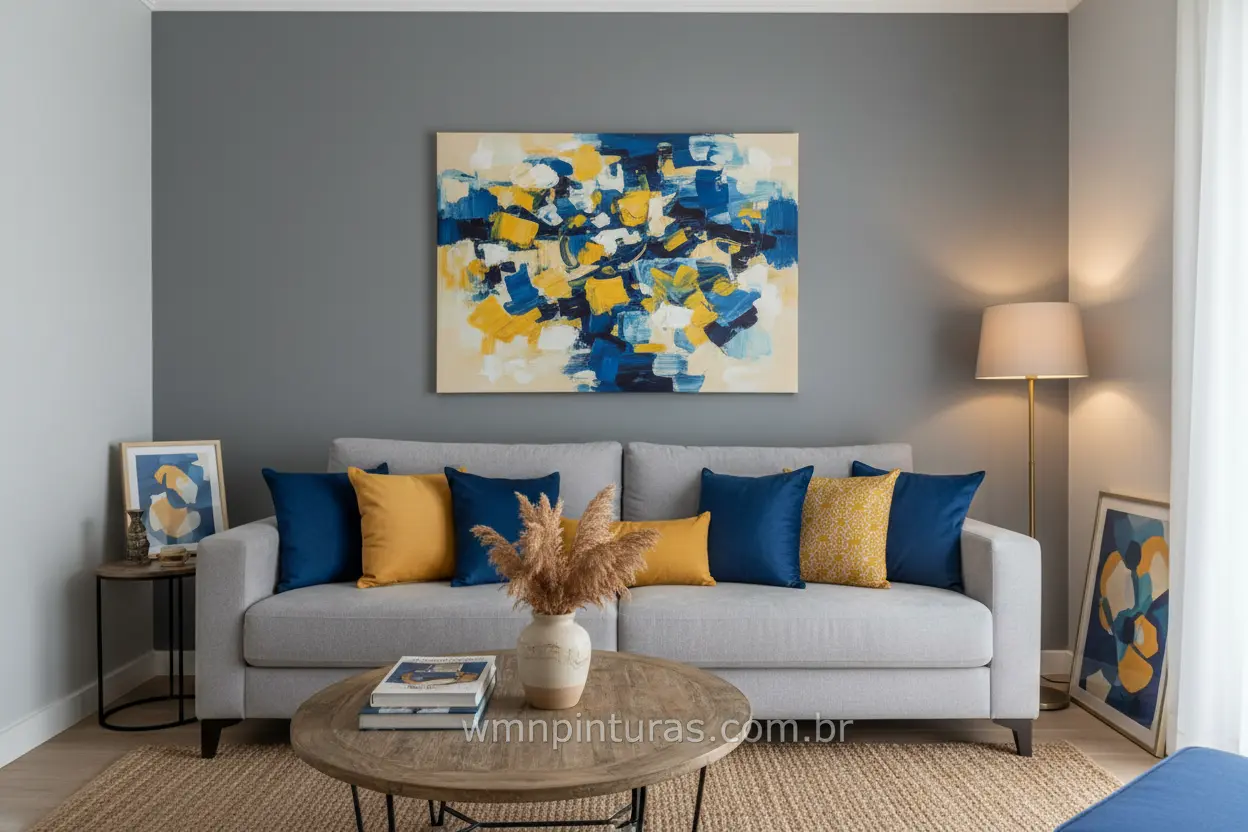 Sala pequena com base neutra e detalhes coloridos