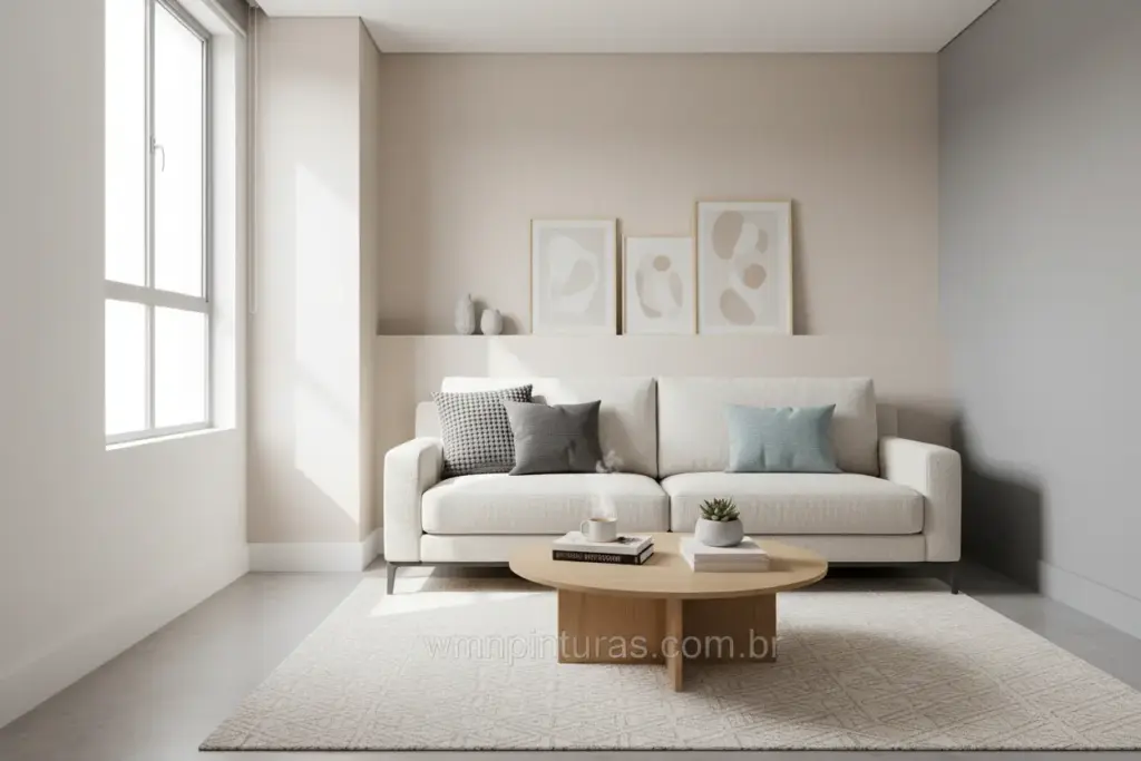 Sala de estar pequena com paredes claras e decoração moderna