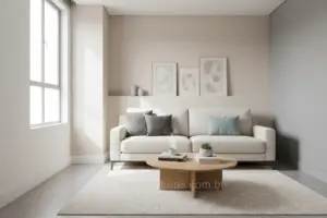 Sala de estar pequena com paredes claras e decoração moderna