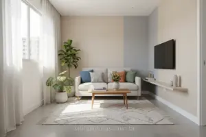 Sala pequena com paredes claras e decoração minimalista