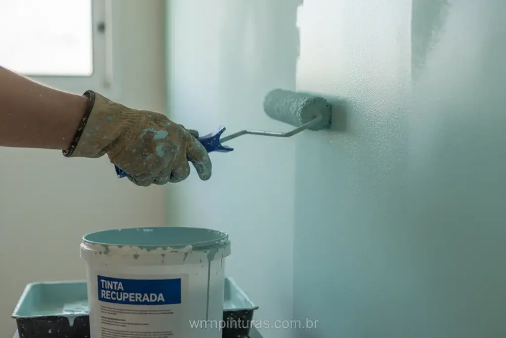 Pintor profissional utilizando tinta recuperada em parede interna.